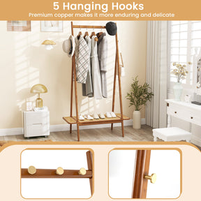 Bamboo Clothes Rack, Clothing Rack with Hanging Rod, Rattan Shelf & 5 Copper Hooks