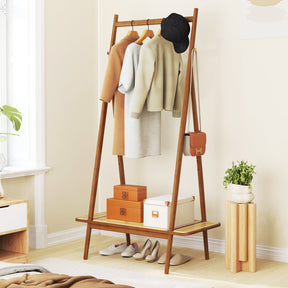Bamboo Clothes Rack, Clothing Rack with Hanging Rod, Rattan Shelf & 5 Copper Hooks