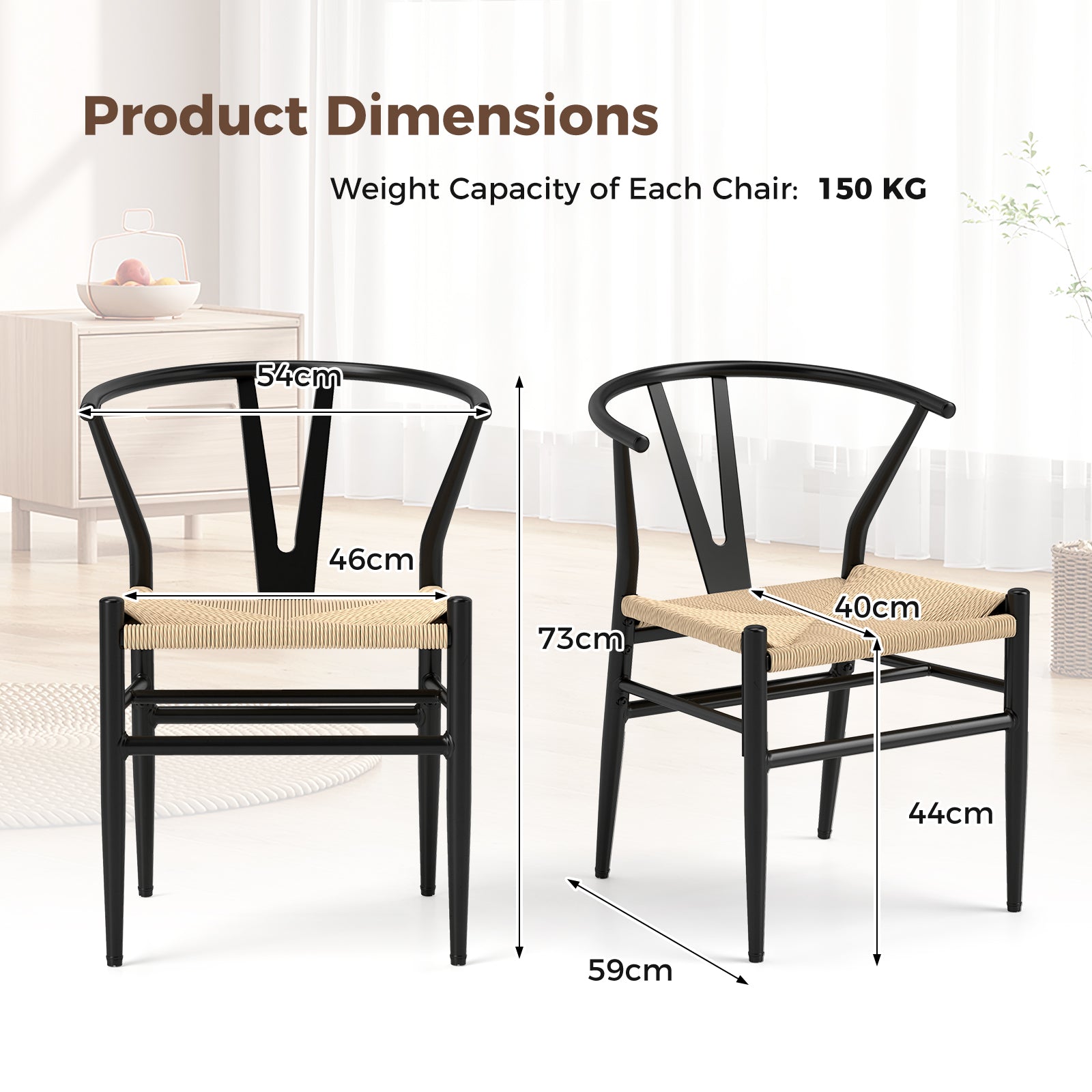 Ginatex Wishbone Dining Chair Set of 2, Mid-Century Modern Weave Armchairs w/Y-Shaped Backrest