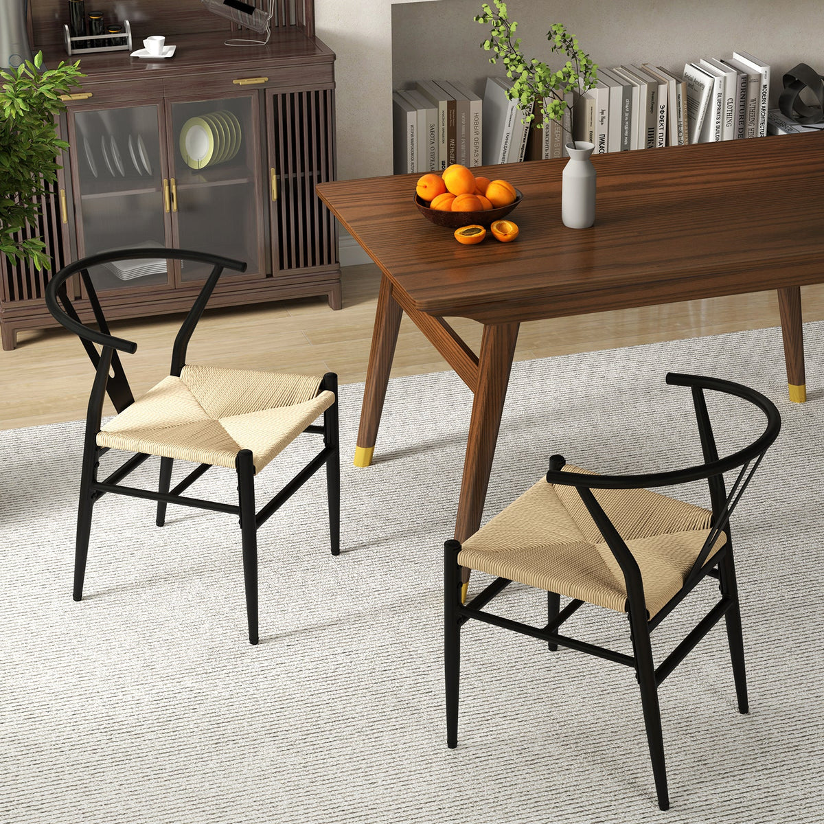 Ginatex Wishbone Dining Chair Set of 2, Mid-Century Modern Weave Armchairs w/Y-Shaped Backrest