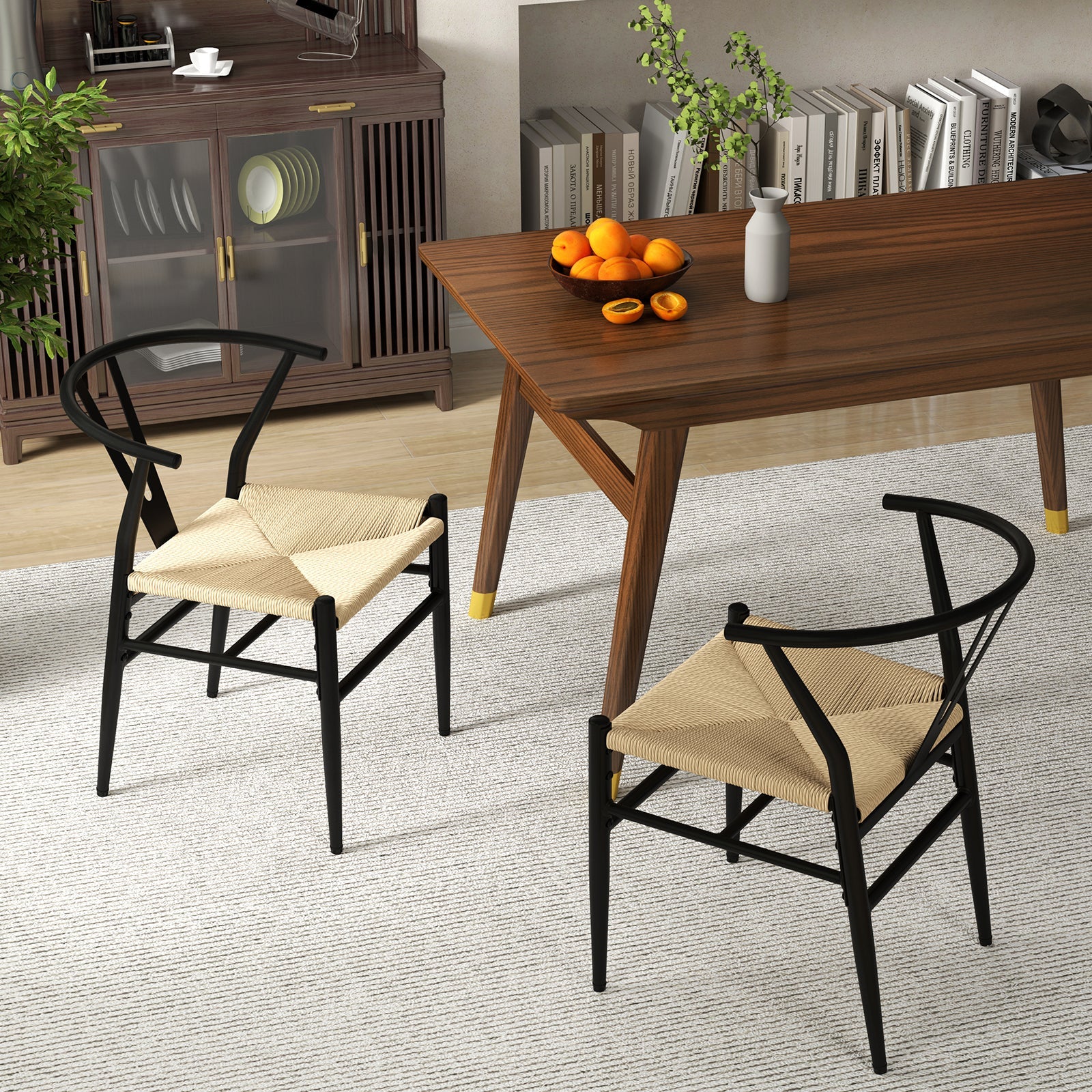 Ginatex Wishbone Dining Chair Set of 2, Mid-Century Modern Weave Armchairs w/Y-Shaped Backrest