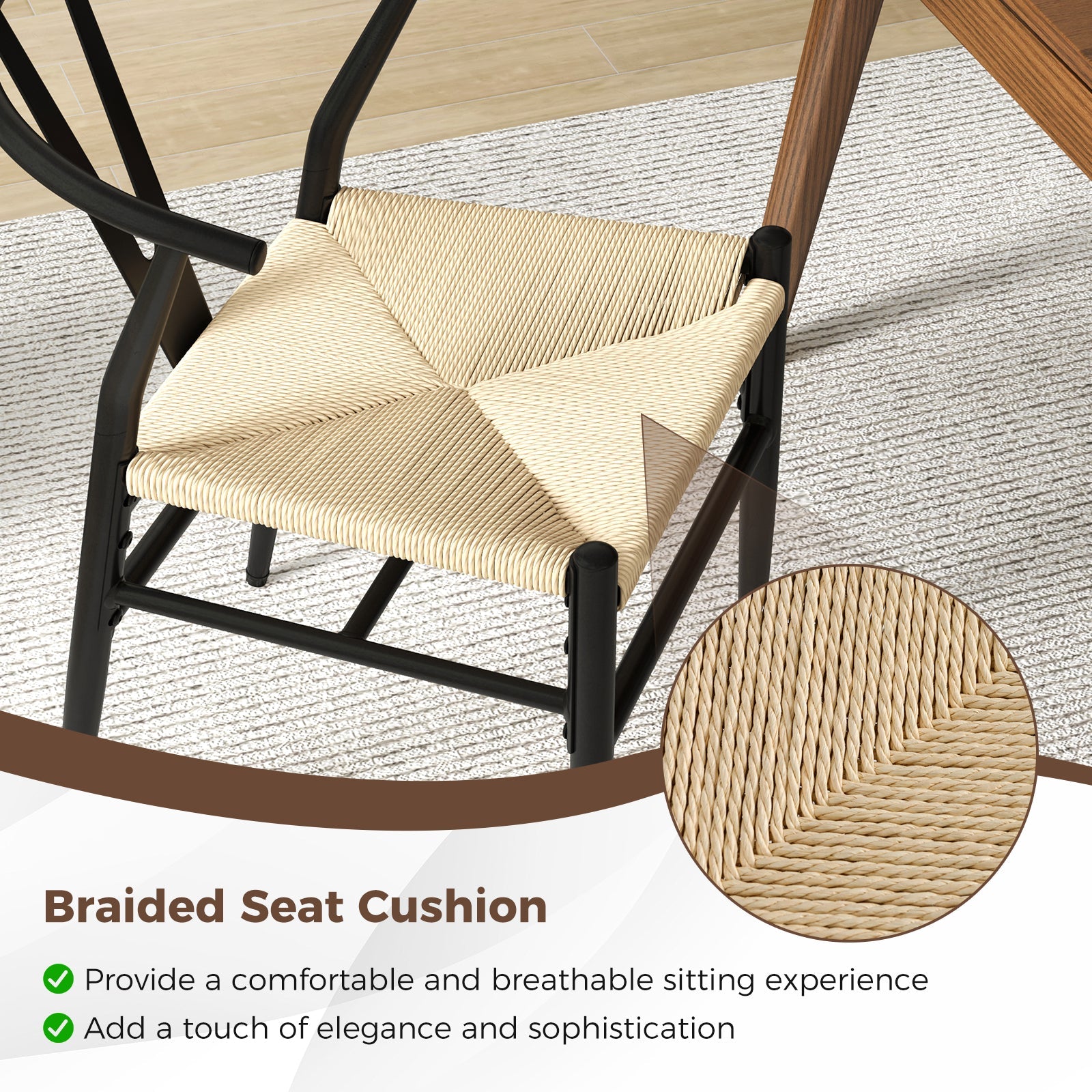Ginatex Wishbone Dining Chair Set of 2, Mid-Century Modern Weave Armchairs w/Y-Shaped Backrest
