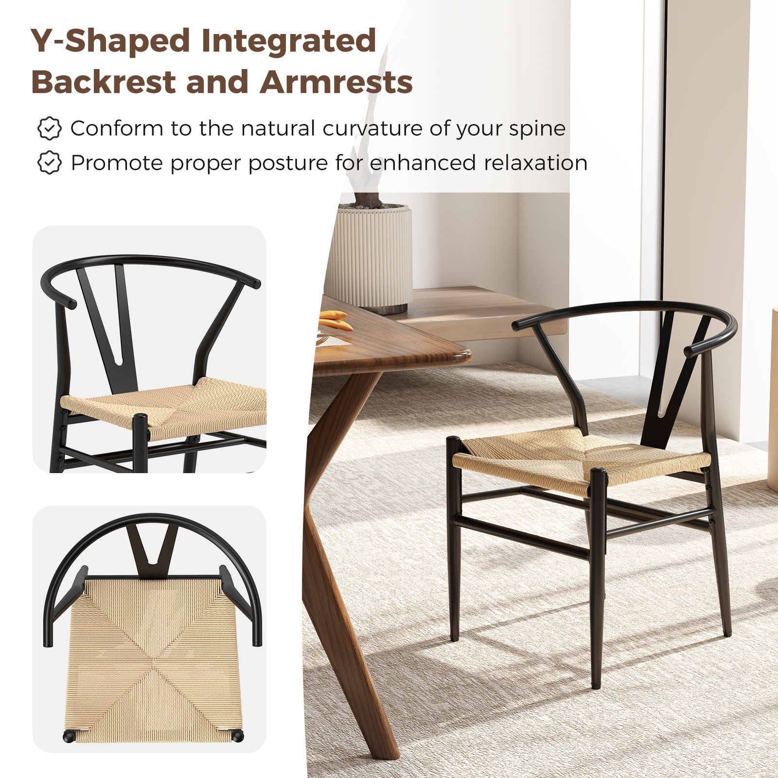 Ginatex Wishbone Dining Chair Set of 2, Mid-Century Modern Weave Armchairs w/Y-Shaped Backrest