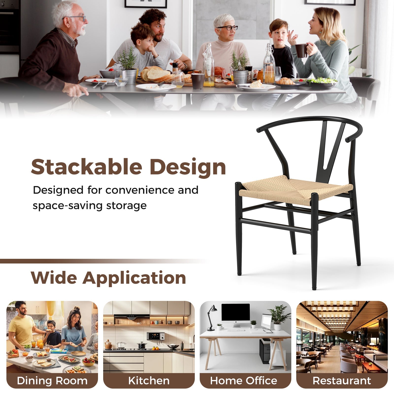 Ginatex Wishbone Dining Chair Set of 2, Mid-Century Modern Weave Armchairs w/Y-Shaped Backrest