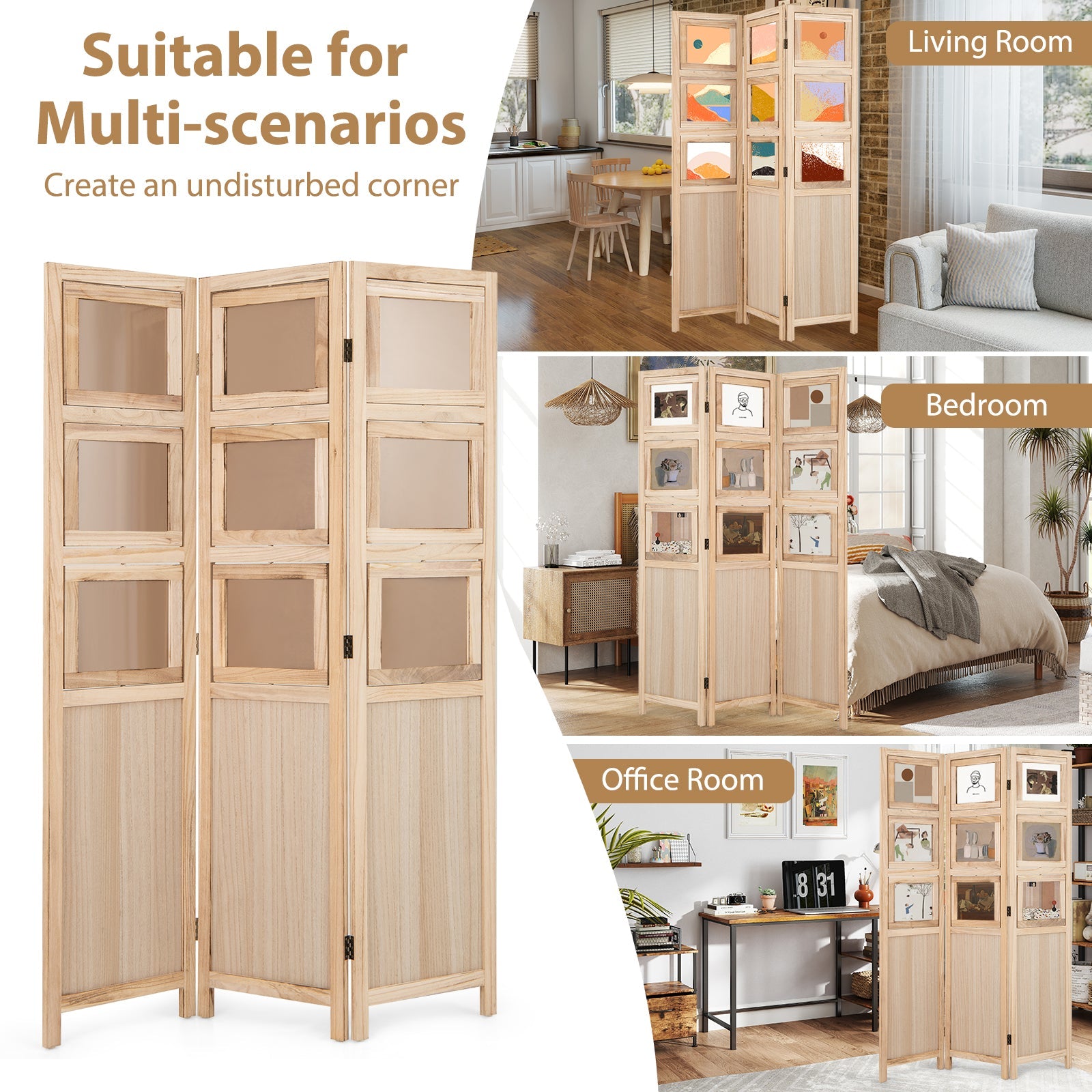 Room Divider, 3 Panel Folding Privacy Screen with 9 Swivel Paulownia Wood Photo Frames