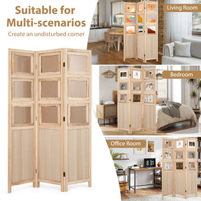 Room Divider, 3 Panel Folding Privacy Screen with 9 Swivel Paulownia Wood Photo Frames