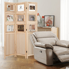 Room Divider, 3 Panel Folding Privacy Screen with 9 Swivel Paulownia Wood Photo Frames