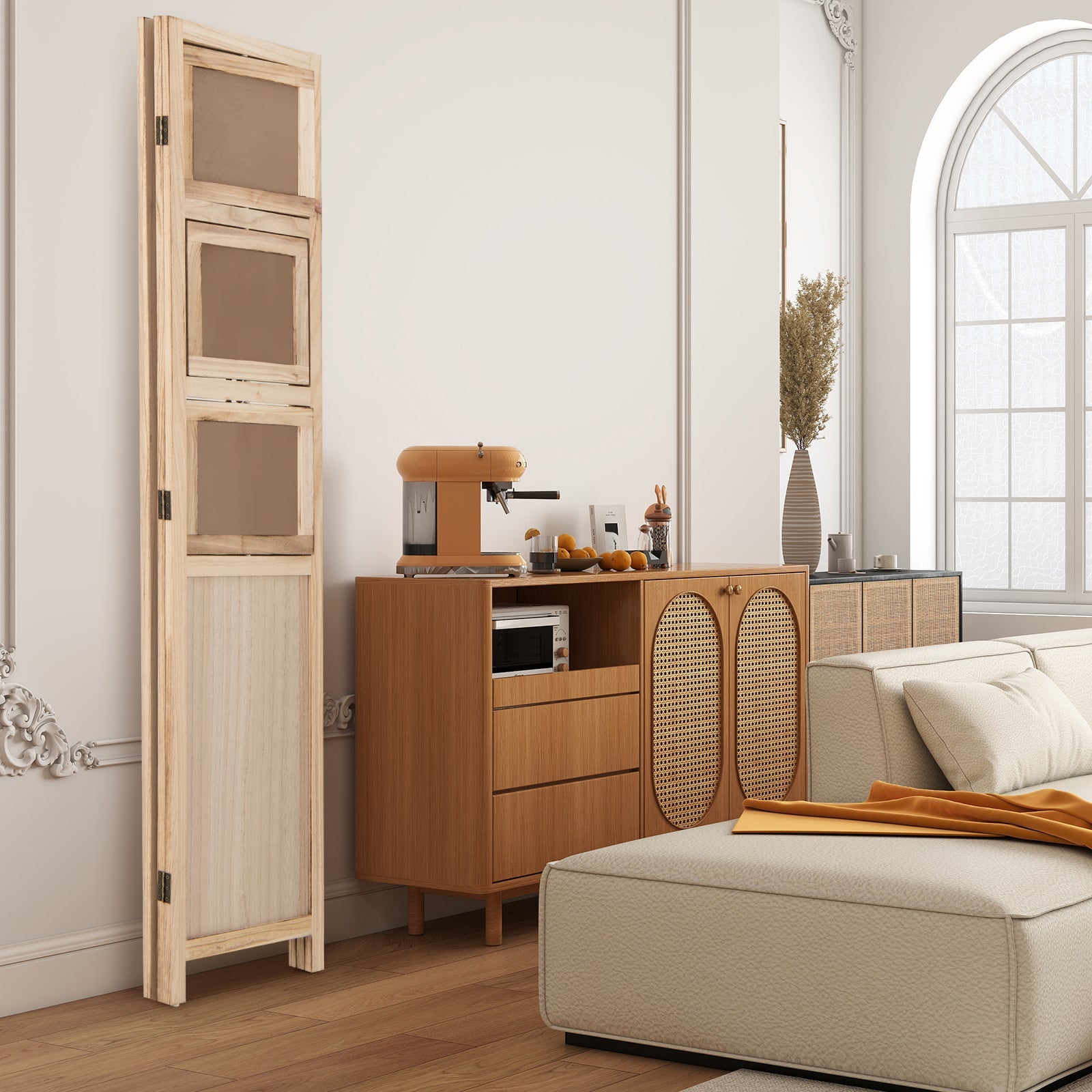 Room Divider, 3 Panel Folding Privacy Screen with 9 Swivel Paulownia Wood Photo Frames