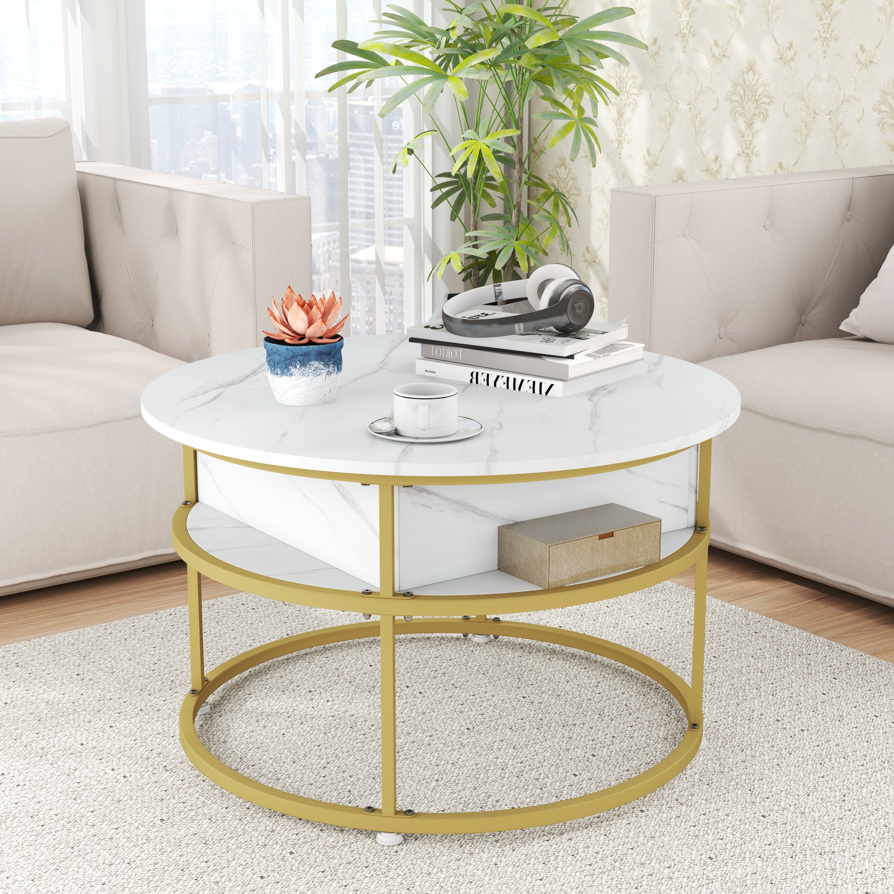 Lift Top Coffee Table, 80cm Round Center Table with Hidden Compartment & Side Shelves