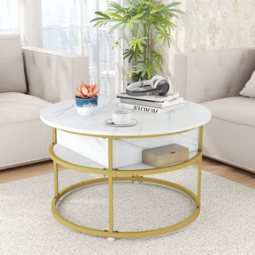 Lift Top Coffee Table, 80cm Round Center Table with Hidden Compartment & Side Shelves