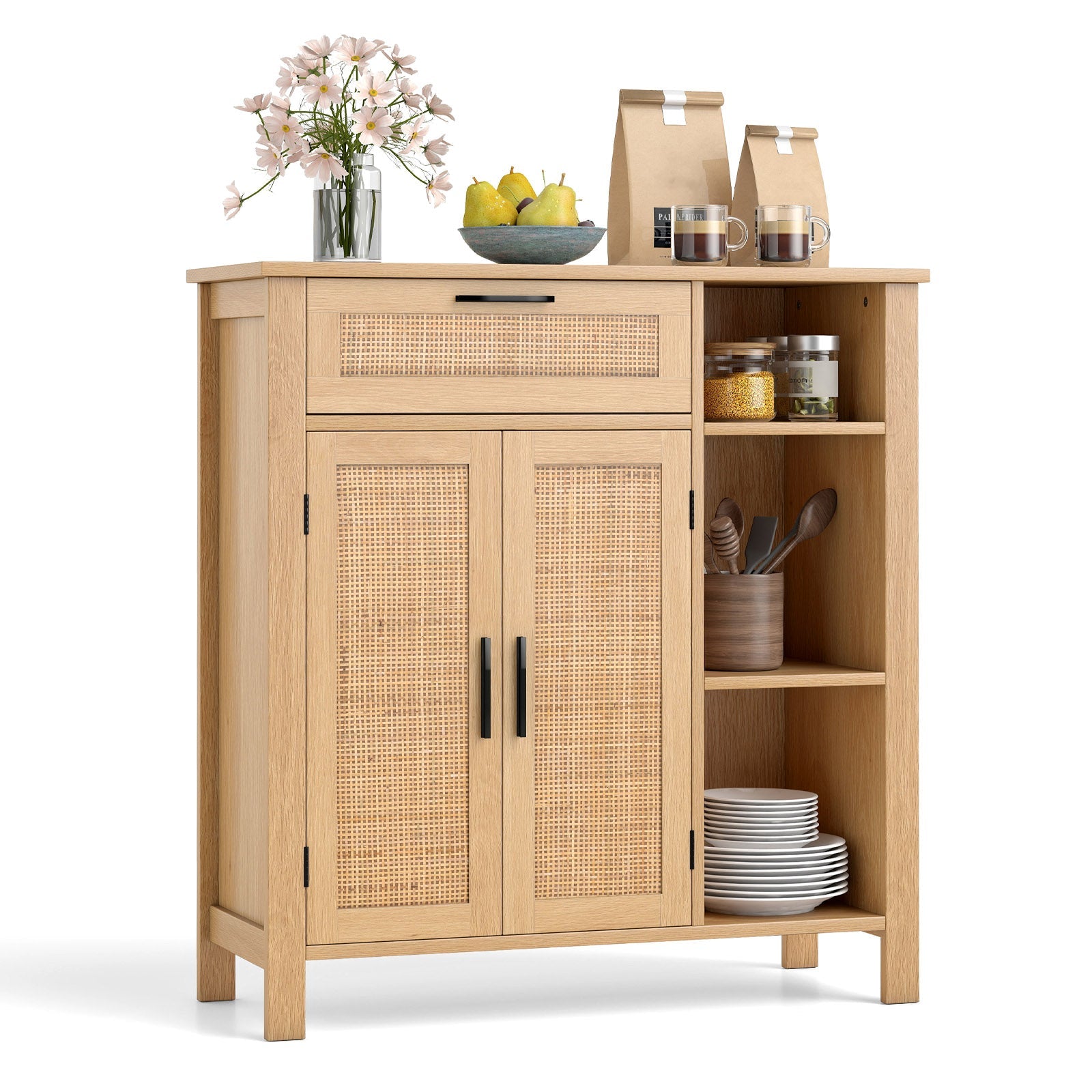 Buffet Sideboard, Storage Cabinet with Rattan Woven Doors