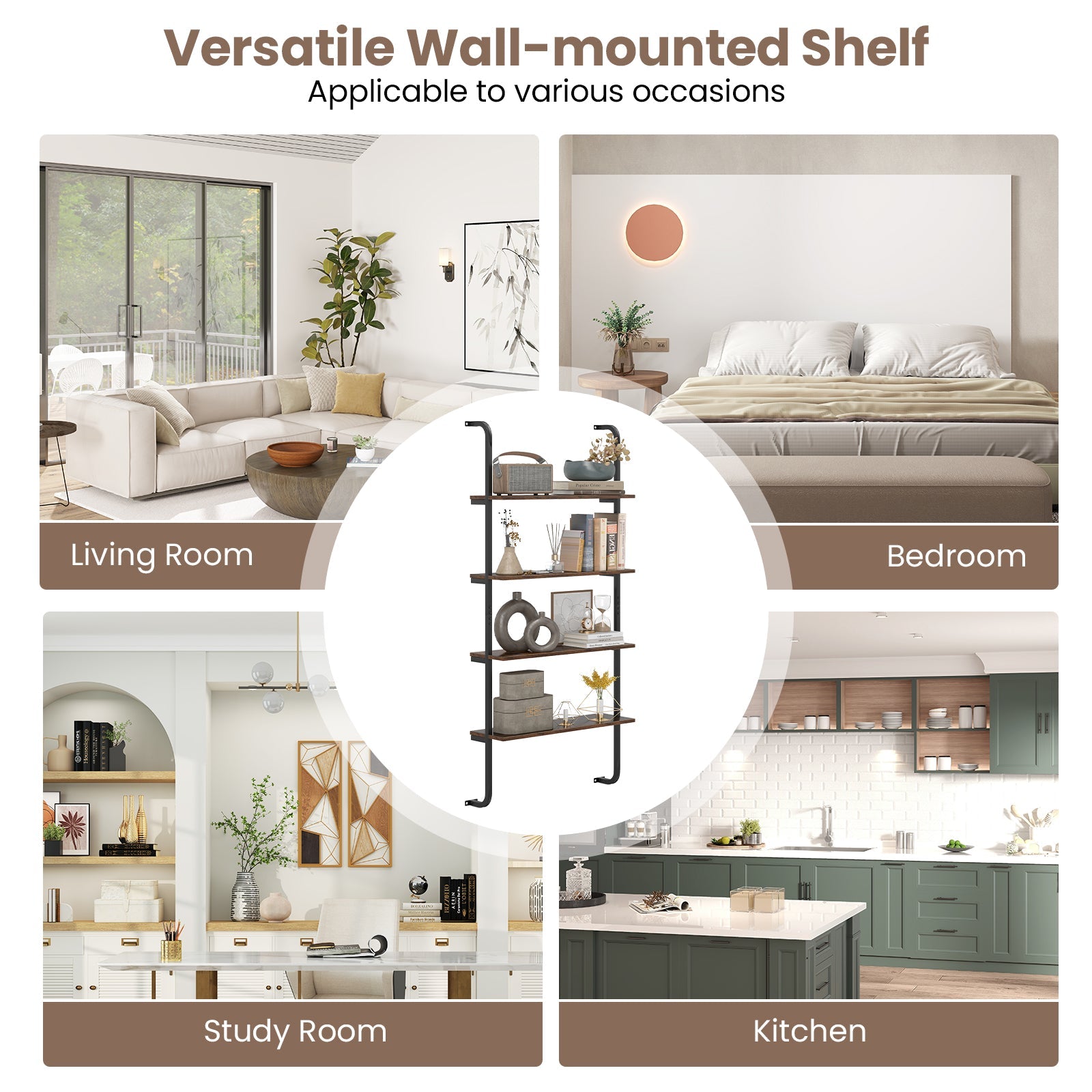 4-Tier Industrial Pipe Shelving Wall Mounted Wood Floating Shelves for Home