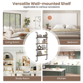 4-Tier Industrial Pipe Shelving Wall Mounted Wood Floating Shelves for Home
