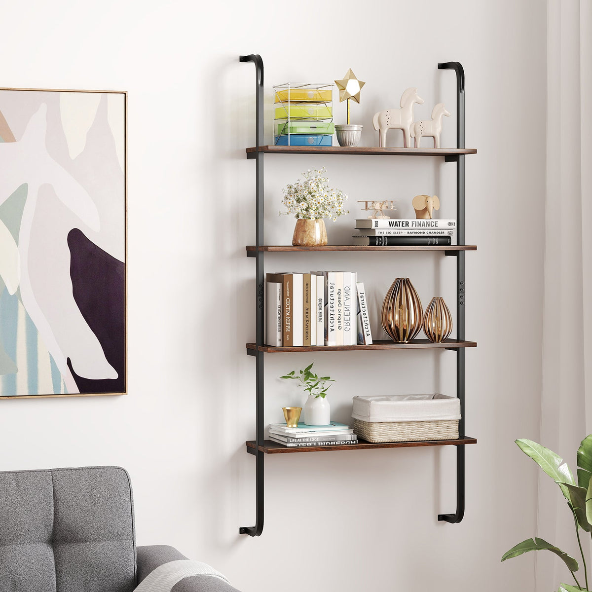 4-Tier Industrial Pipe Shelving Wall Mounted Wood Floating Shelves for Home