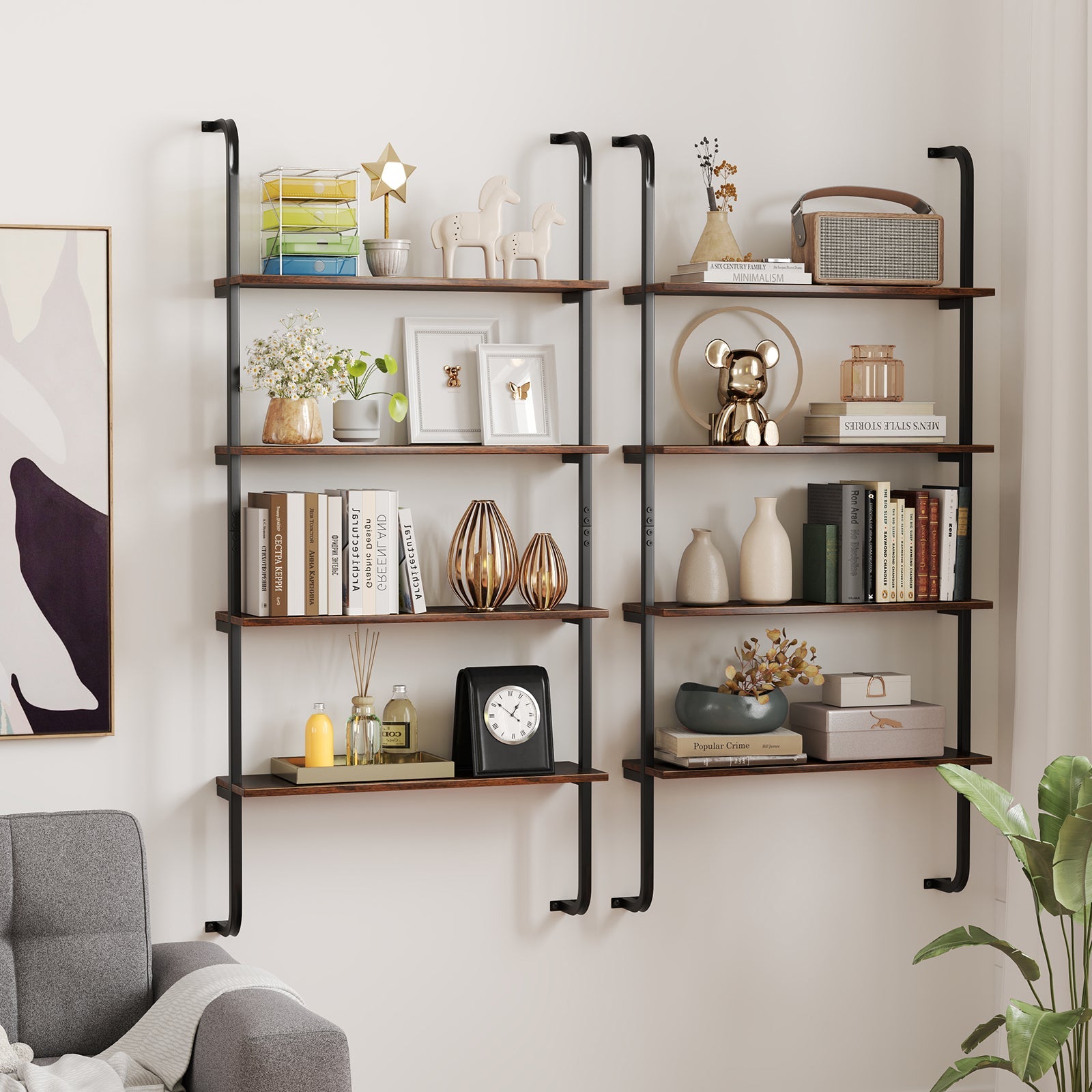 4-Tier Industrial Pipe Shelving Wall Mounted Wood Floating Shelves for Home