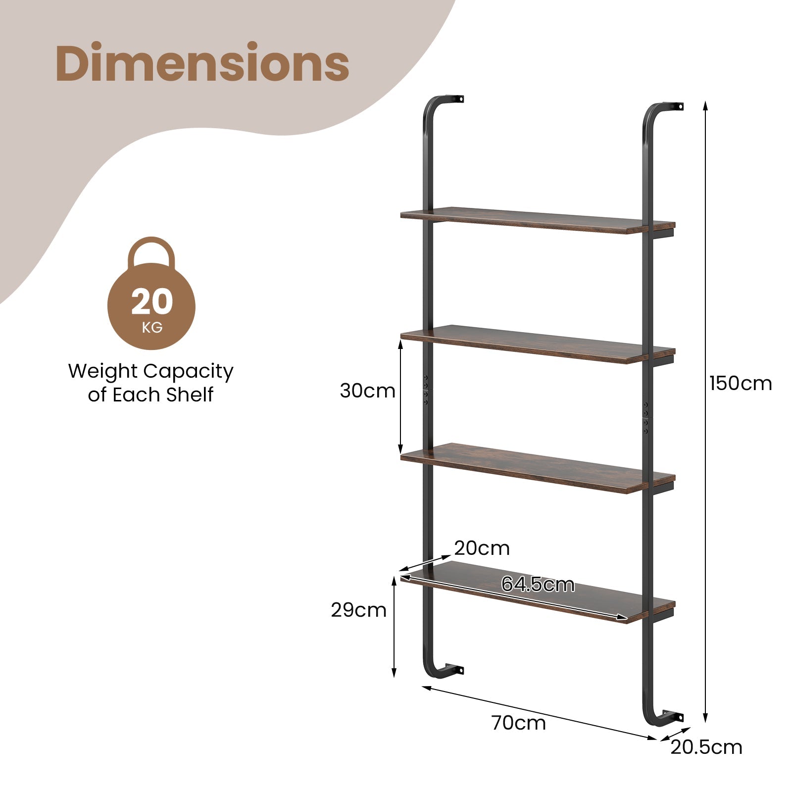 4-Tier Industrial Pipe Shelving Wall Mounted Wood Floating Shelves for Home