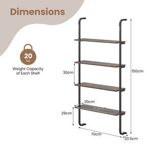 4-Tier Industrial Pipe Shelving Wall Mounted Wood Floating Shelves for Home