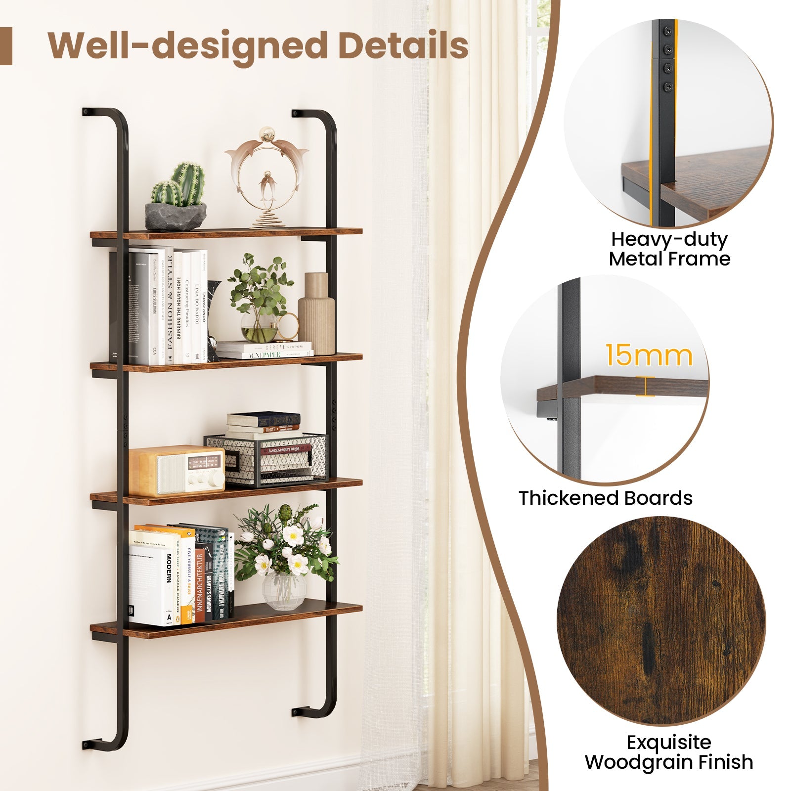 4-Tier Industrial Pipe Shelving Wall Mounted Wood Floating Shelves for Home