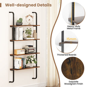 4-Tier Industrial Pipe Shelving Wall Mounted Wood Floating Shelves for Home