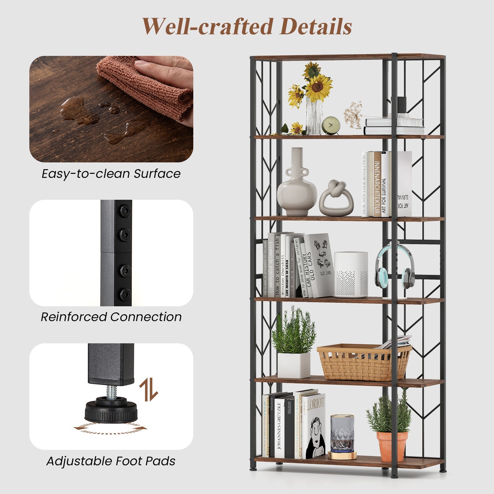 6-Tier Bookshelf Modern Geometric Bookcase