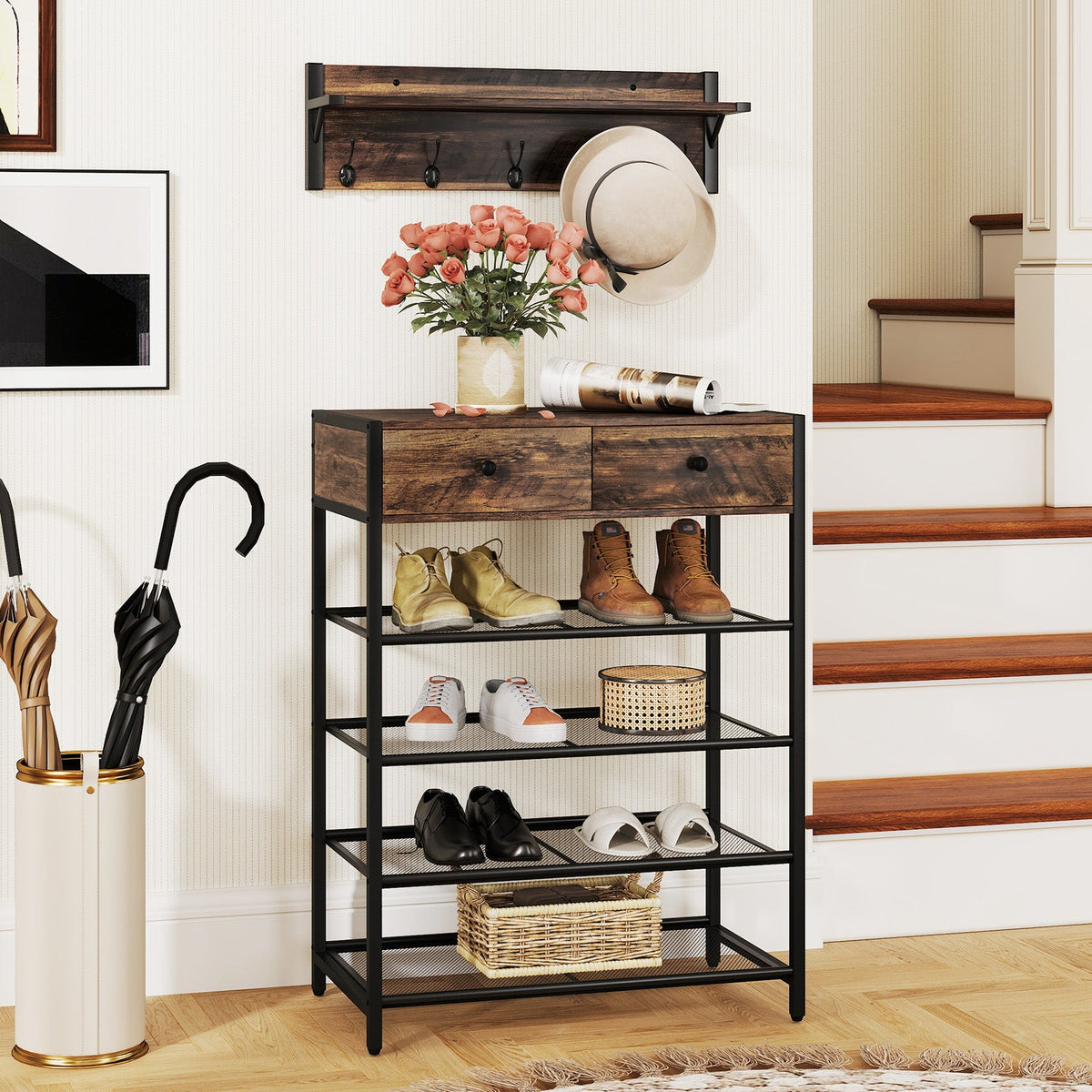 Coat Rack Shoe Stand Set 5-Tier Shoe Rack with Wall-Mounted Coat Rack