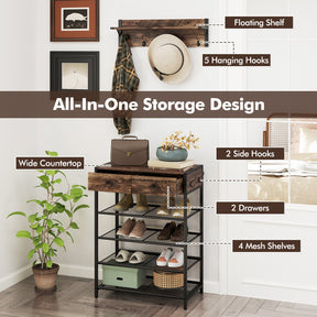 Coat Rack Shoe Stand Set 5-Tier Shoe Rack with Wall-Mounted Coat Rack