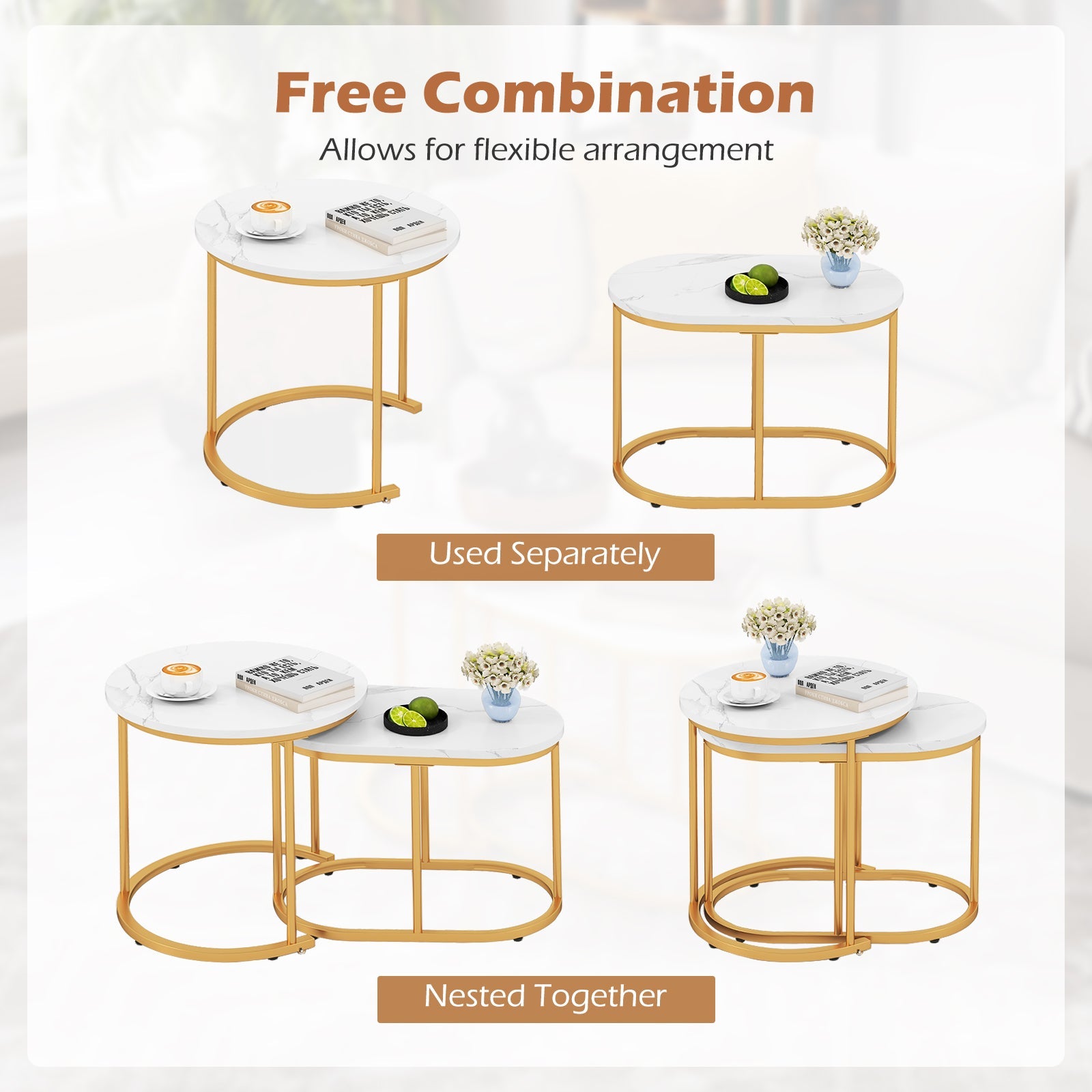 Giantex Modern Nesting Coffee Table Set of 2, Accent Marble Look Coffee Table Set, Marble & Golden