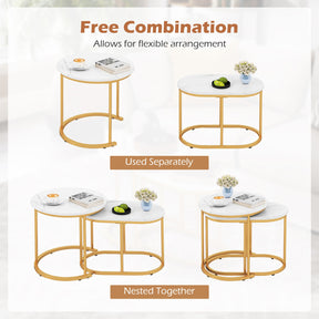 Giantex Modern Nesting Coffee Table Set of 2, Accent Marble Look Coffee Table Set, Marble & Golden