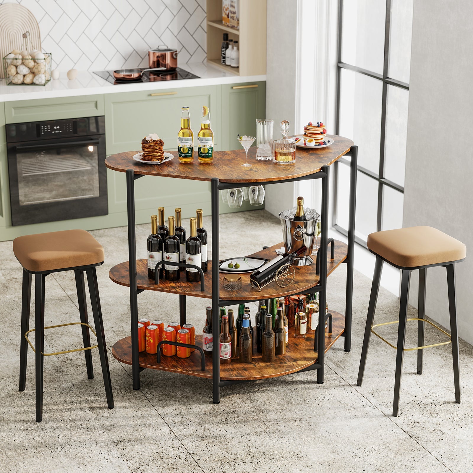 Bar Unit for Liquor, 3 Tier Corner Bar Table with Wine Glasses Holder