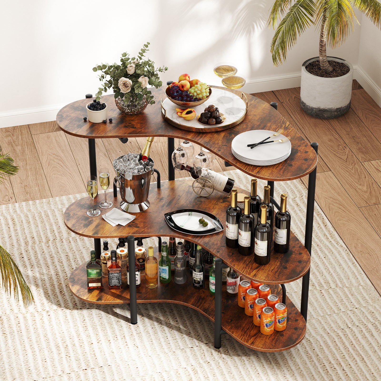 Bar Unit for Liquor, 3 Tier Corner Bar Table with Wine Glasses Holder