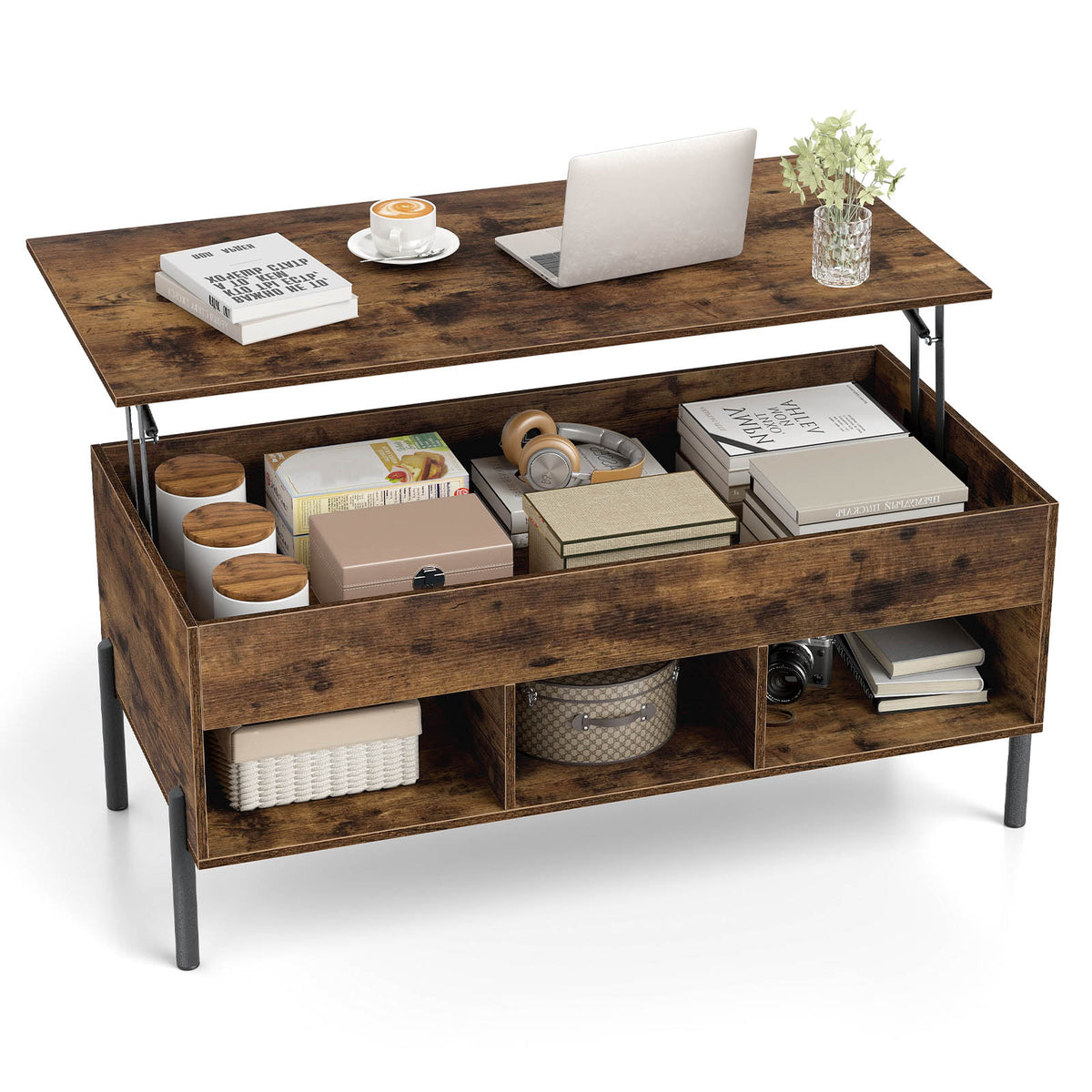 Lift Top Coffee Table, Coffee Station Table with Hidden Compartment, Rising Tabletop, 3 Open Cubbies
