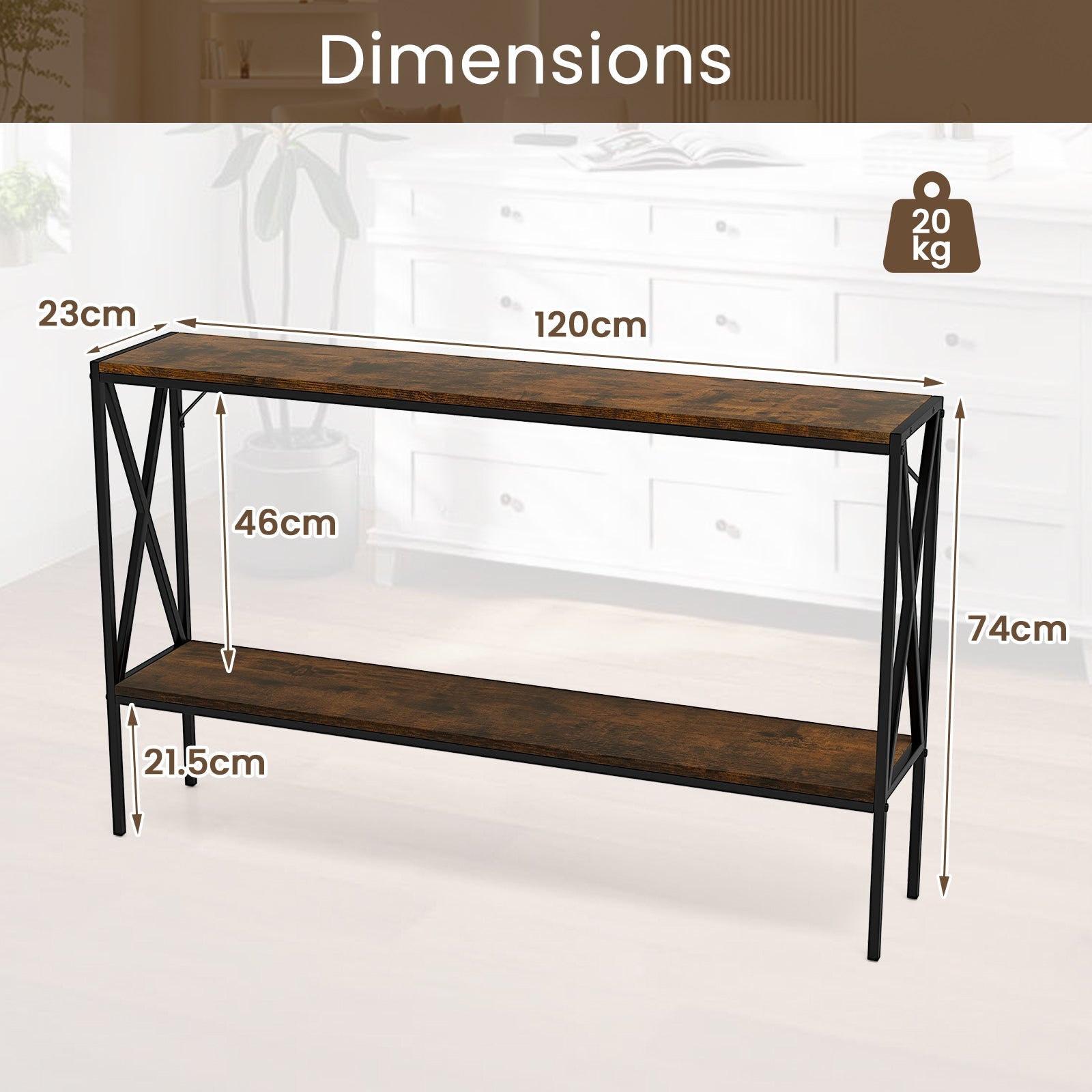 Industrial Console Table 2-Tier Narrow Sofa Table 120 CM Entrance Table