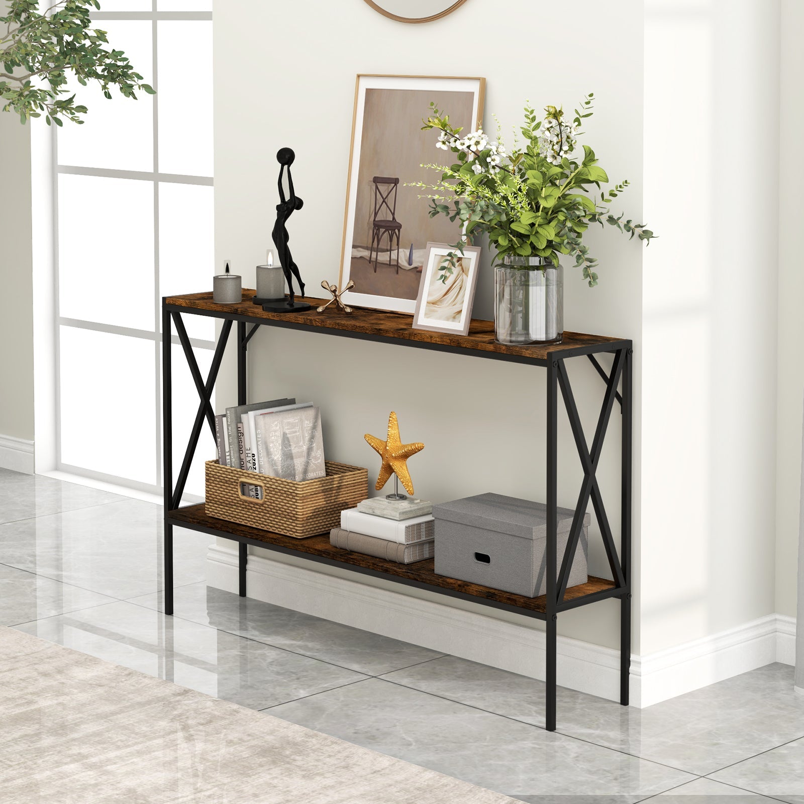 Industrial Console Table 2-Tier Narrow Sofa Table 120 CM Entrance Table