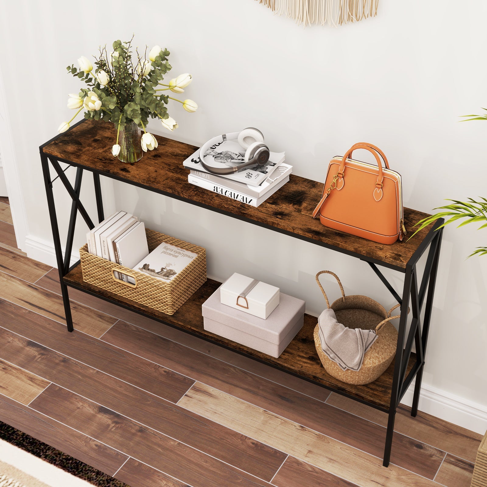 Industrial Console Table 2-Tier Narrow Sofa Table 120 CM Entrance Table