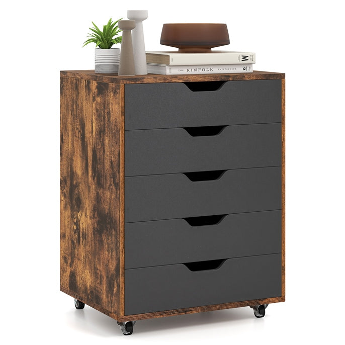 5 Drawer Chest, Rolling Dresser Storage Cabinet with Lockable Wheels, Under Desk Filing Cabinet, Wood Printer Stand for Home Office