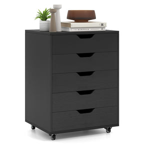 5 Drawer Chest, Rolling Dresser Storage Cabinet with Lockable Wheels, Under Desk Filing Cabinet, Wood Printer Stand for Home Office