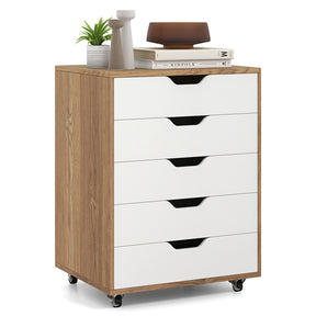 5 Drawer Chest, Rolling Dresser Storage Cabinet with Lockable Wheels, Under Desk Filing Cabinet, Wood Printer Stand for Home Office
