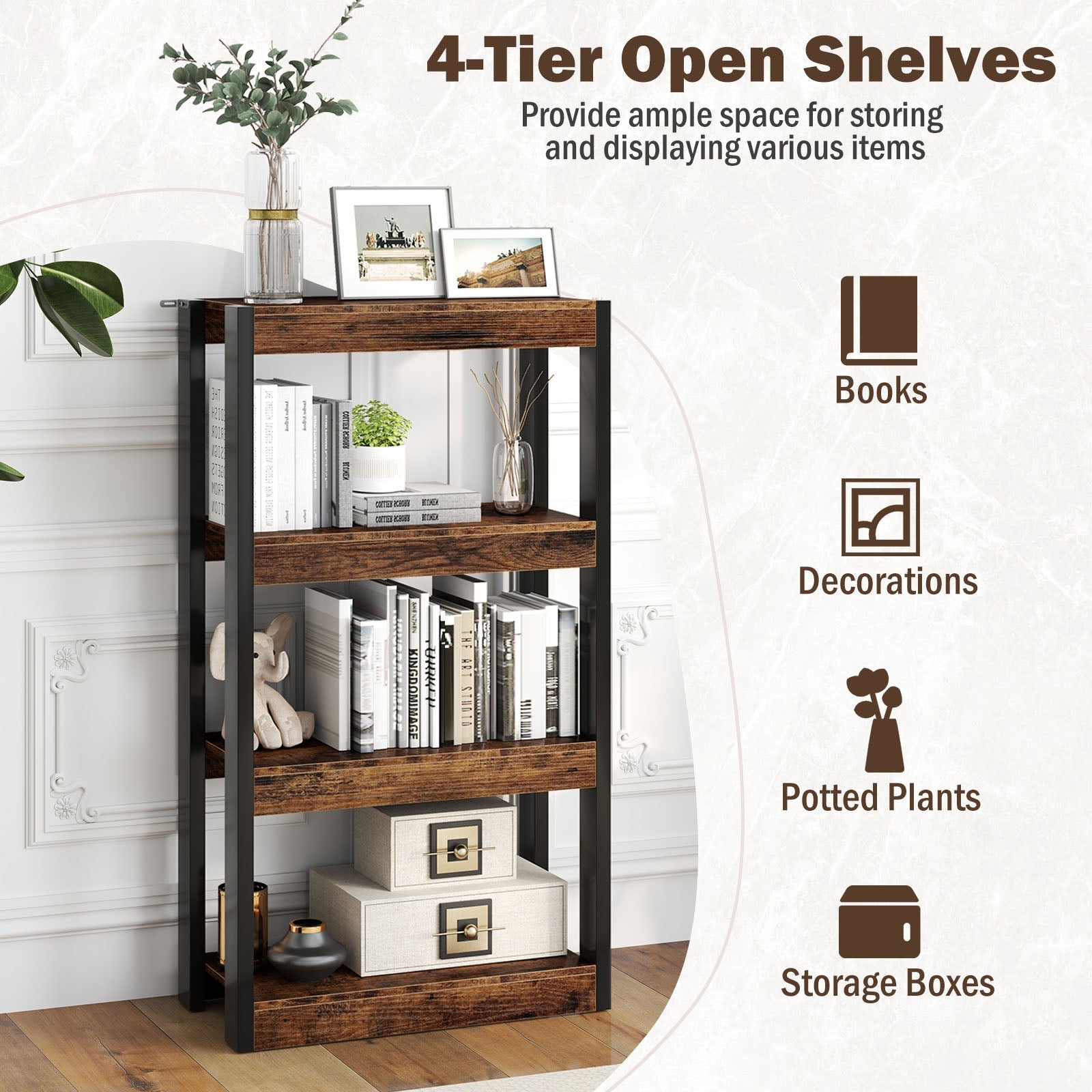 4-Tier Wooden Bookshelf Storage Organizer Bookcase w/ Open Shelving Unit Study