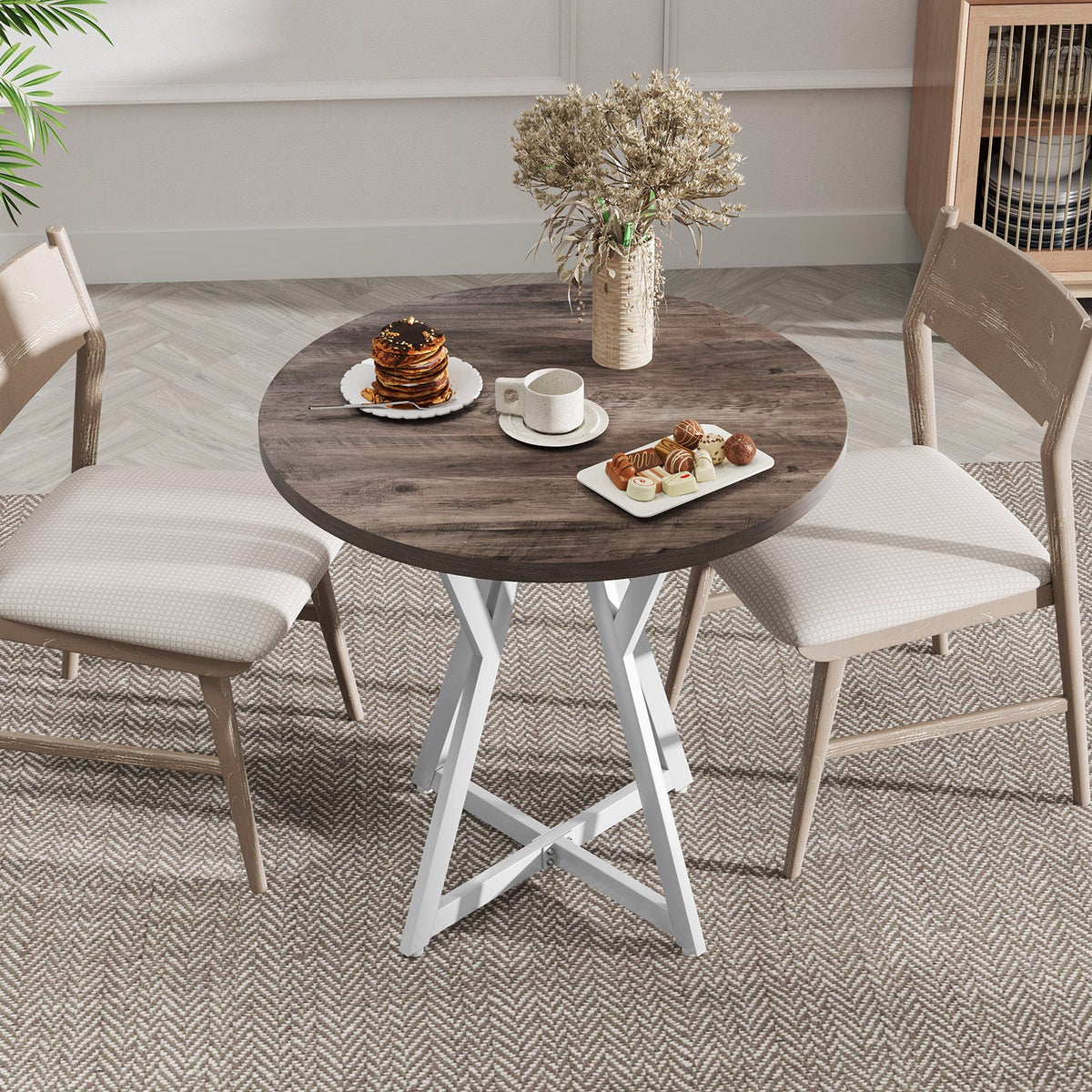 80cm Round Dining Table Wooden Kitchen Table with Metal Pedestal Base