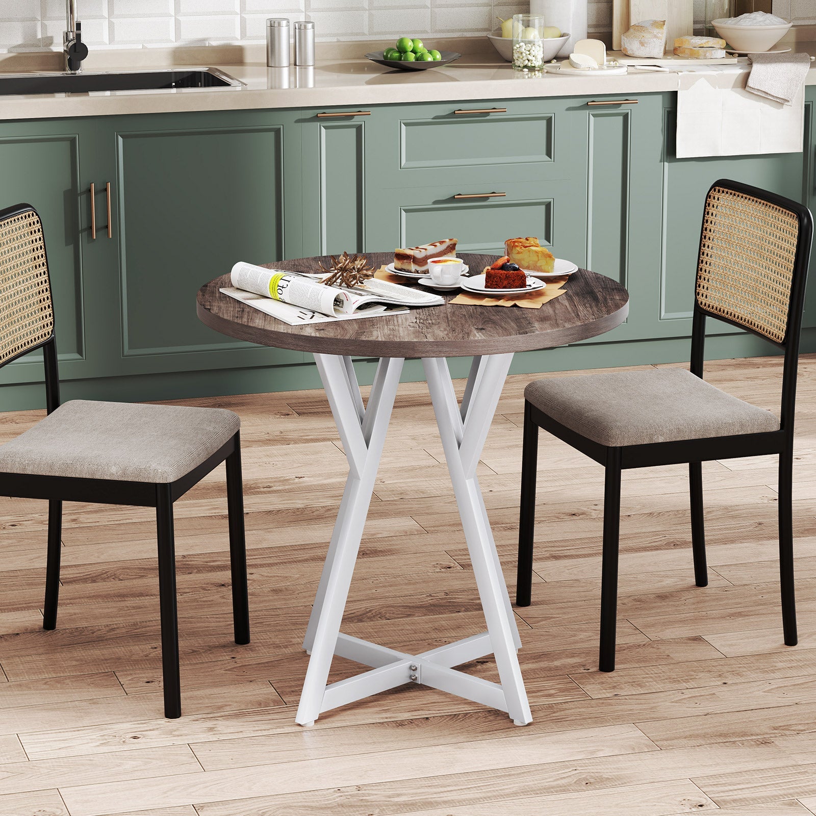 80cm Round Dining Table Wooden Kitchen Table with Metal Pedestal Base