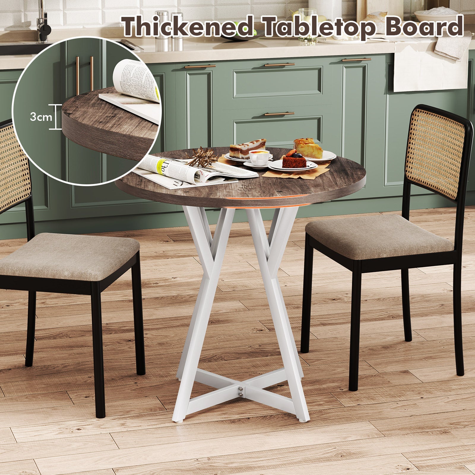 80cm Round Dining Table Wooden Kitchen Table with Metal Pedestal Base