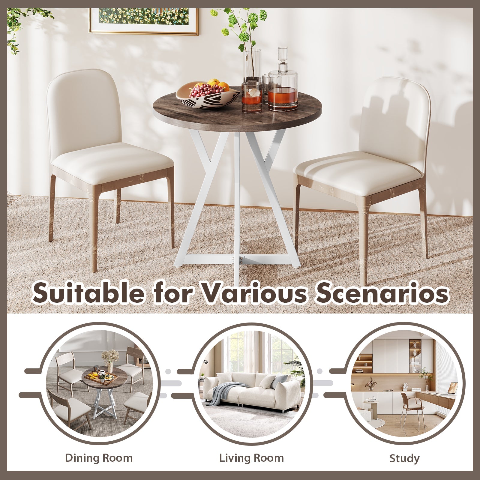 80cm Round Dining Table Wooden Kitchen Table with Metal Pedestal Base