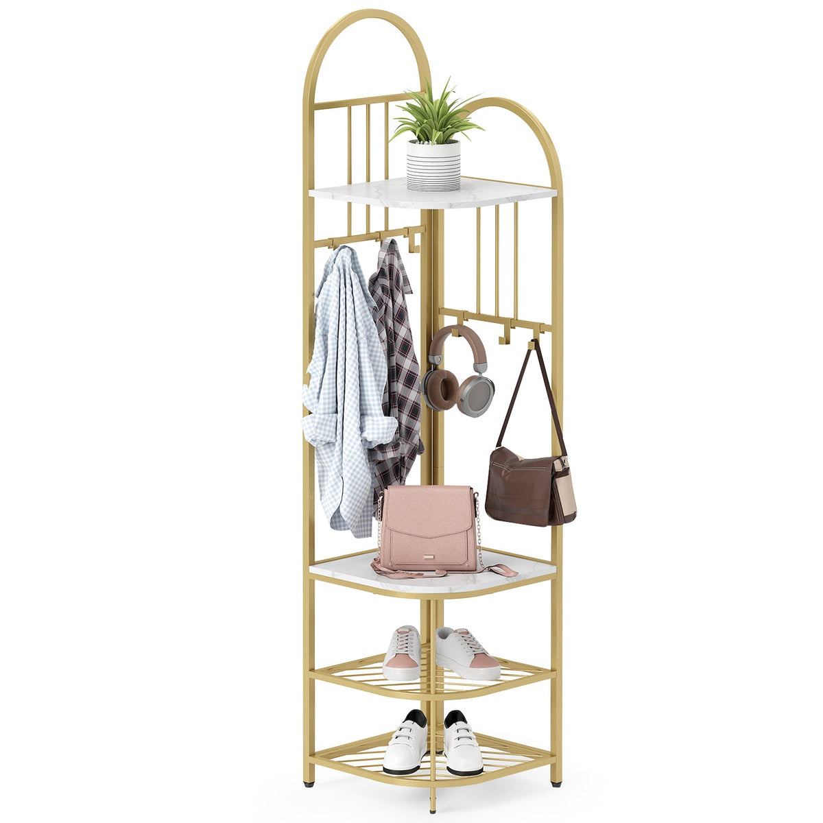 Corner Hall Tree, 4-Tier Coat Rack w/ Shoe Storage Bench