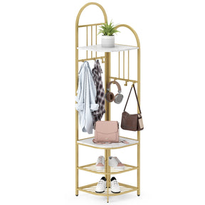 Corner Hall Tree, 4-Tier Coat Rack w/ Shoe Storage Bench