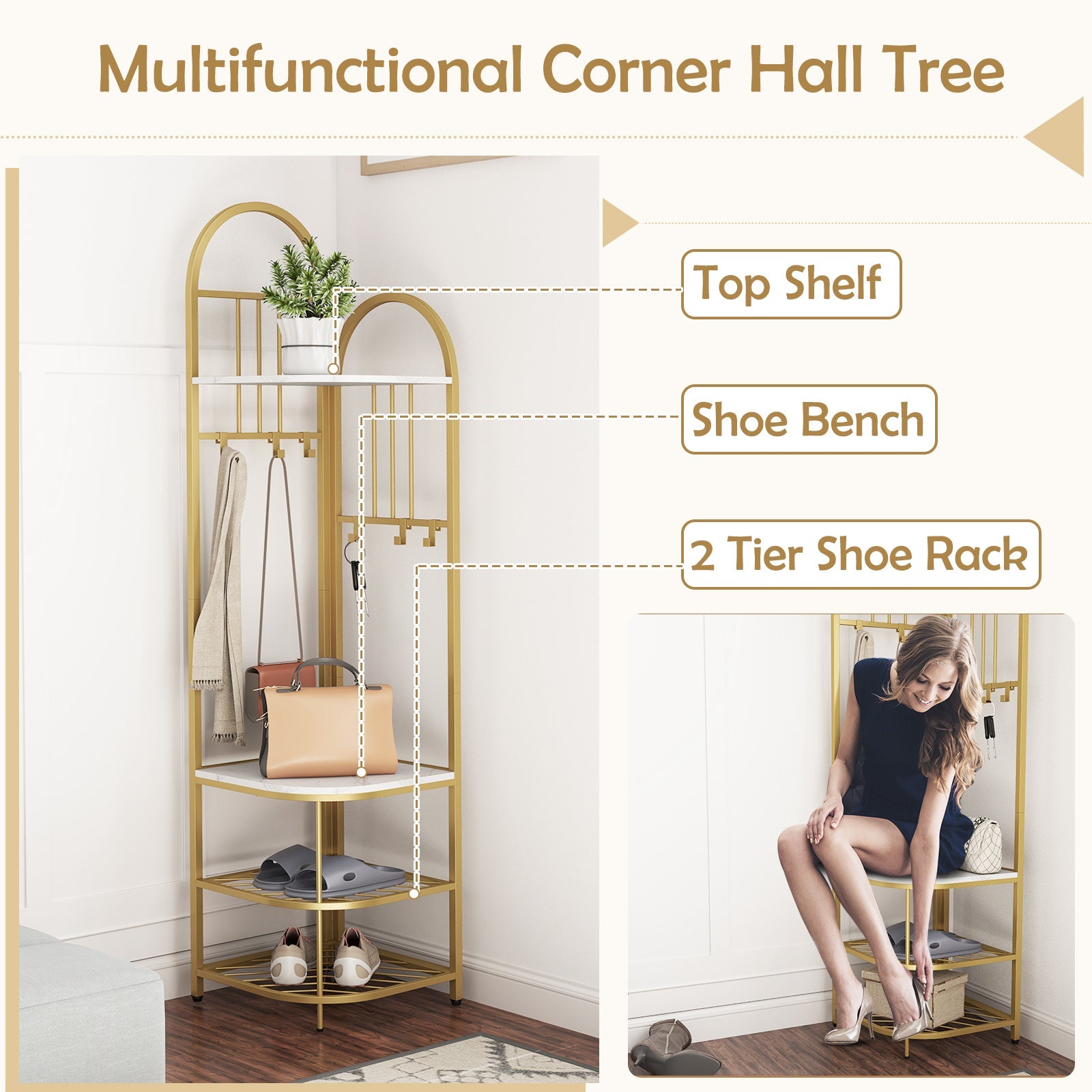 Corner Hall Tree, 4-Tier Coat Rack w/ Shoe Storage Bench
