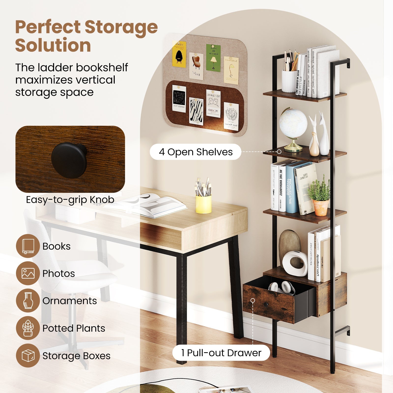 5-Tier Ladder Bookcase with Drawer
