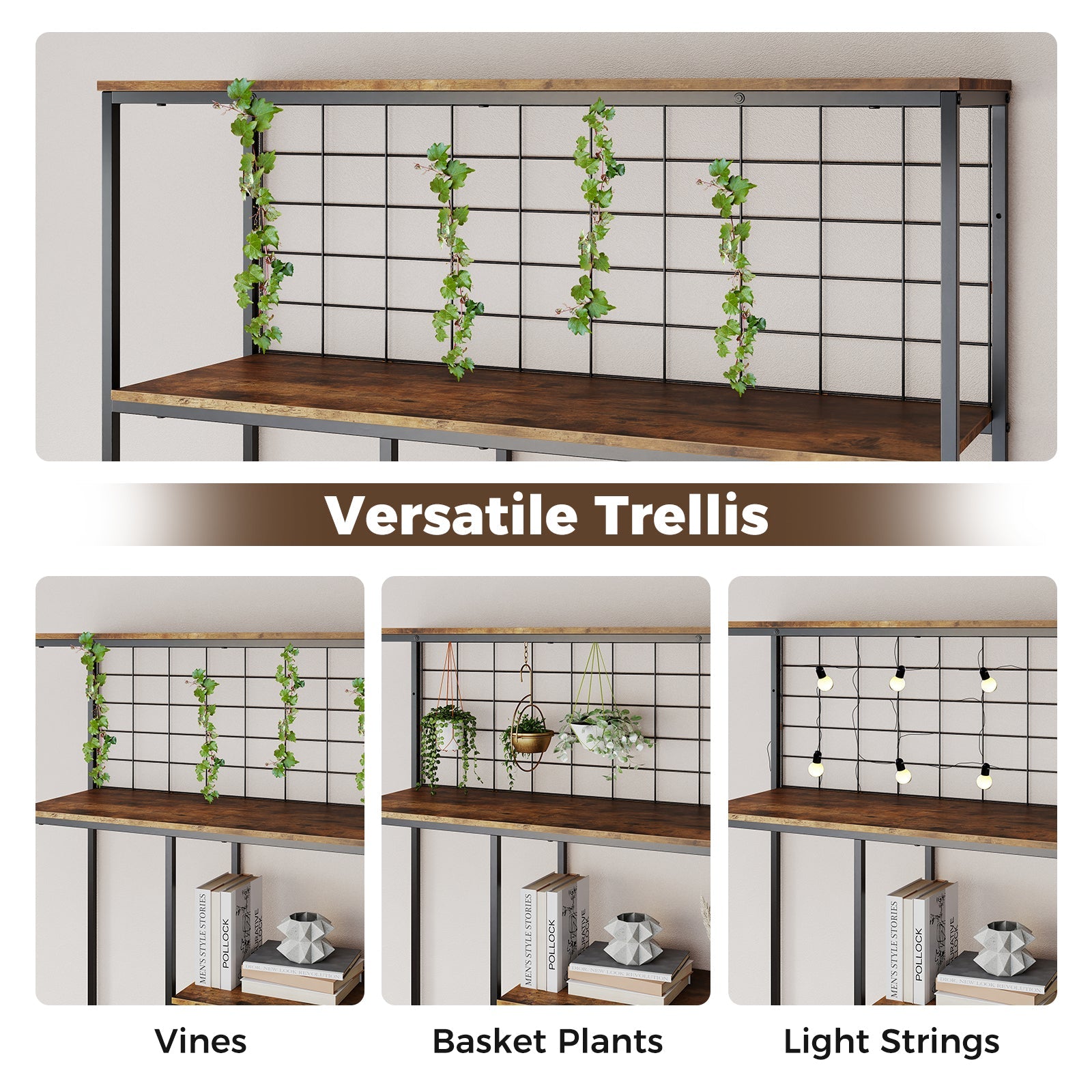 6-tier Tall Bookshelf, Industrial Freestanding Plant Stand with Metal Net