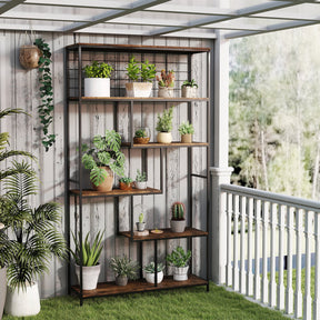 6-tier Tall Bookshelf, Industrial Freestanding Plant Stand with Metal Net