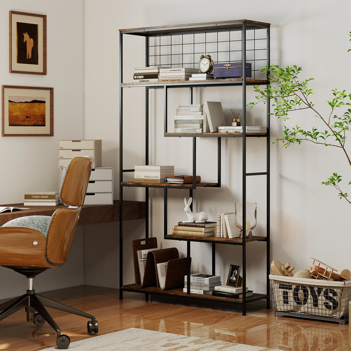 6-tier Tall Bookshelf, Industrial Freestanding Plant Stand with Metal Net