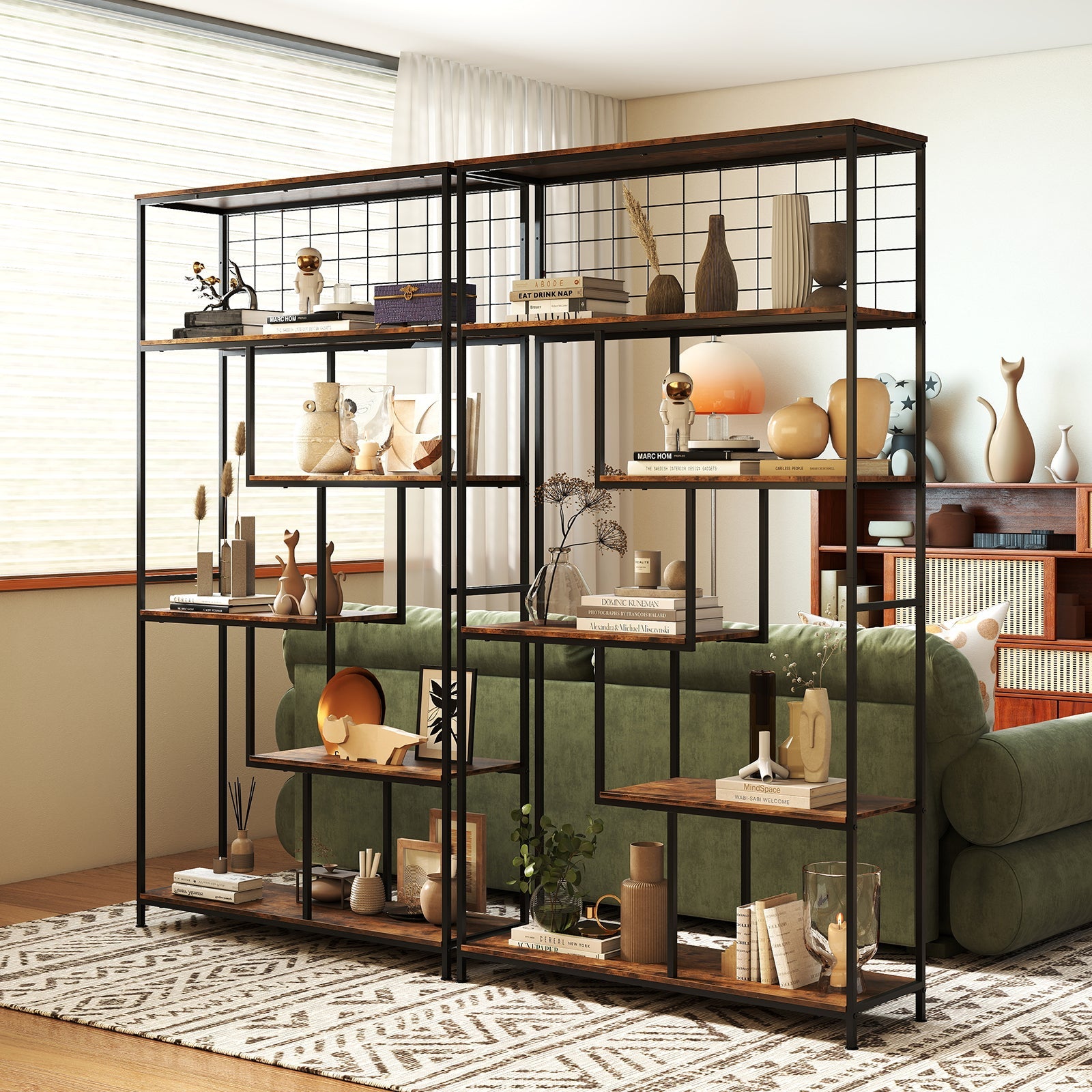 6-tier Tall Bookshelf, Industrial Freestanding Plant Stand with Metal Net